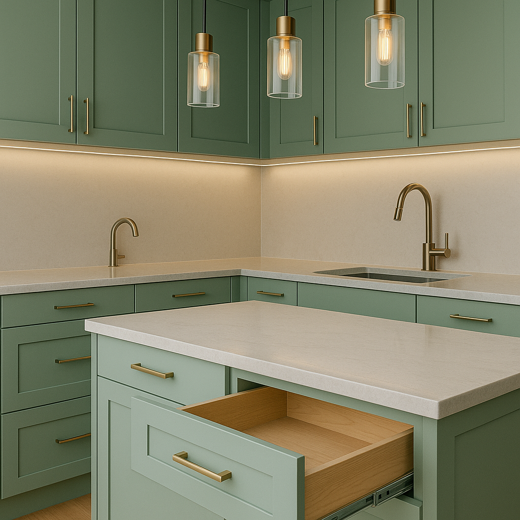 Cocina de madera iluminada
